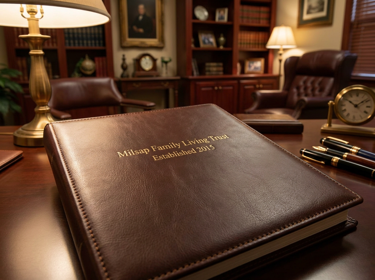 Premium personalized leather trust binder with gold embossed text reading Milsap Family Living Trust Established 2015